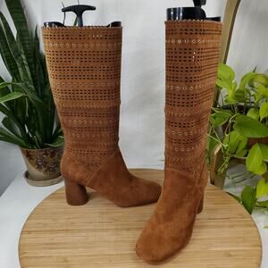 Donald J. Pliner Glenda Laser Cut Cognac Brown Suede Leather Boots Women's 9.5